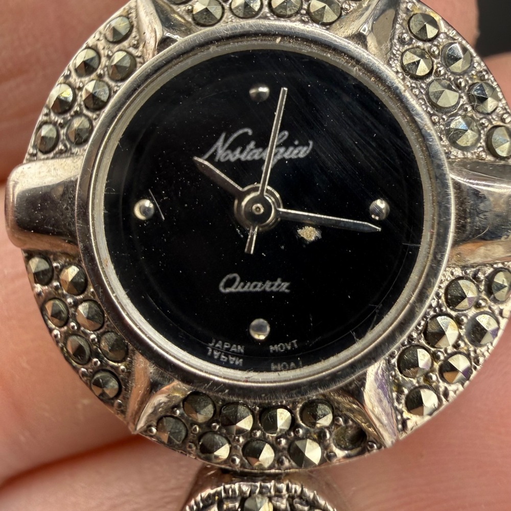 Vintage Nostalgia Wristwatch Silver Marcasite Formal Black Dial 7in